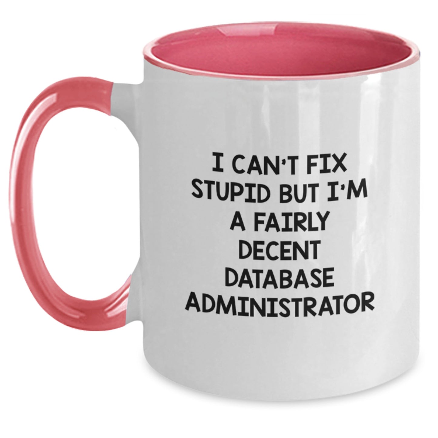 Funny Database Administrator Gifts, I Can't Fix Stupid But I'm A Fairly Decent Two Tone Coffee Mug for Graduation, Gifts from Friends to Coworkers, Database Administrator Mug with Humor - Main