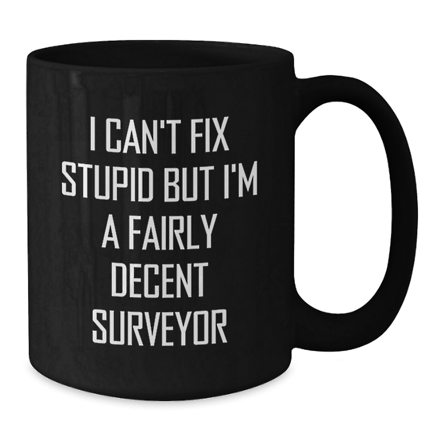 Funny Surveyor Gift for Friends Birthday, I Can't Fix Stupid But I'm A Fairly Decent Surveyor Black Coffee Mug, Gifts from Friends to Surveyor - Additional
