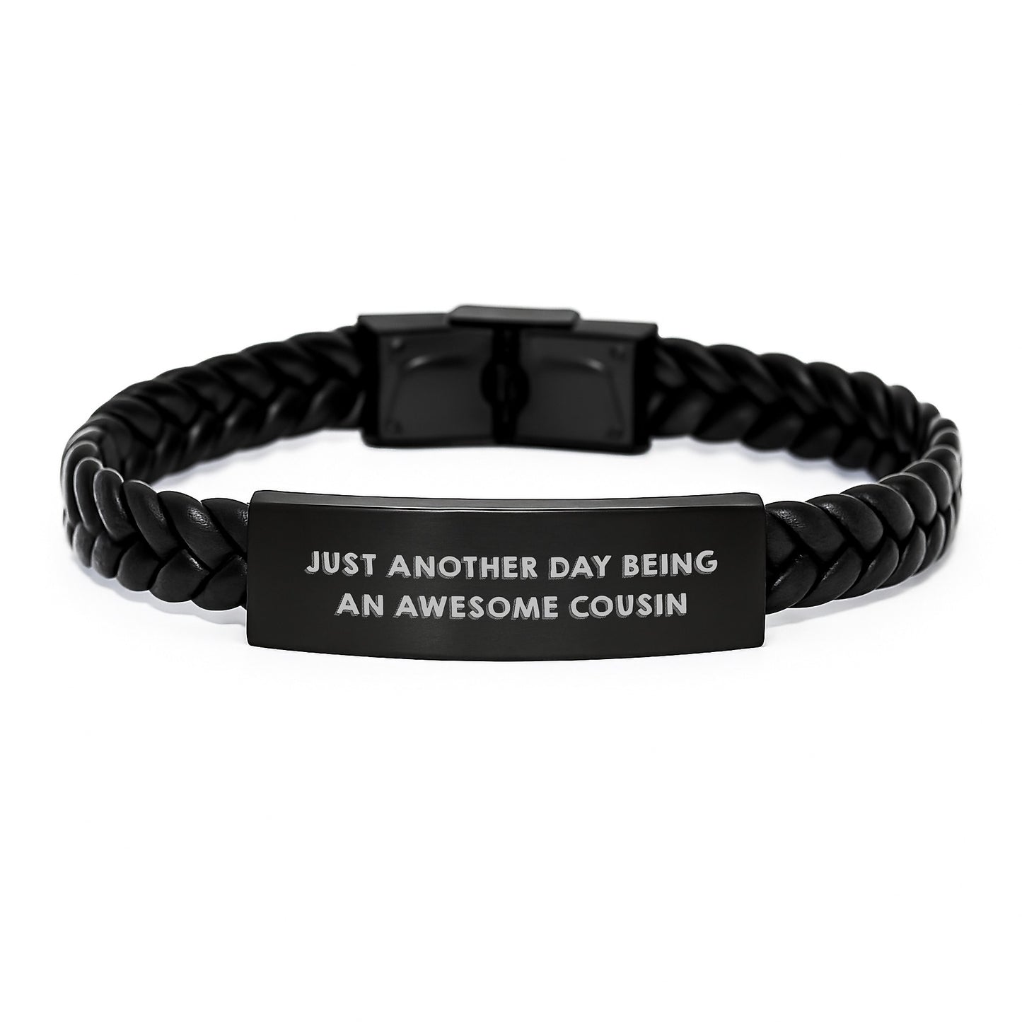 Cousin Gifts from Family - Interlaced Leather Birthday Quotes for Awesome Cousin, 'Just Another Day Being An Awesome Cousin' - Stainless Steel and PU Leather - Image 1