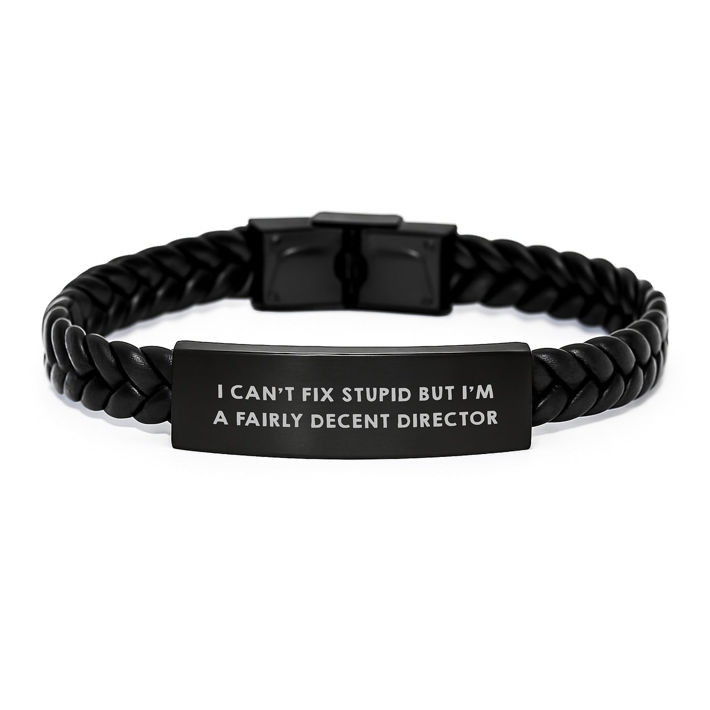 Funny Director Gifts from Friends for Birthday Unique Interlaced Leather Braces with Quote 'I Can't Fix Stupid But I'm A Fairly Decent Director' - Image 1