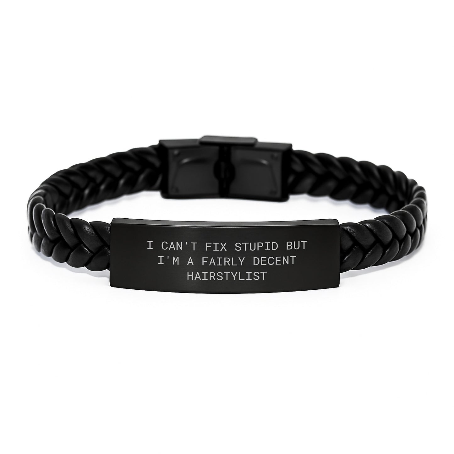Hairstylist Gifts from Friends for Graduation Unique Interlaced Leather Bracelet with Funny Quote 'I Can't Fix Stupid But I'm A Fairly Decent Hairstylist' for Women - Image 1
