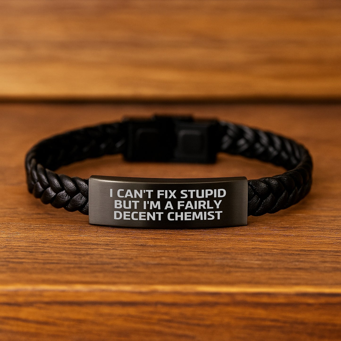 Funny Chemist Gifts for Men or Women - Interlaced Leather Bracelet with Quote 'I Can't Fix Stupid But I'm A Fairly Decent Chemist' - Graduation Unique Gifts from Friends - Image 2