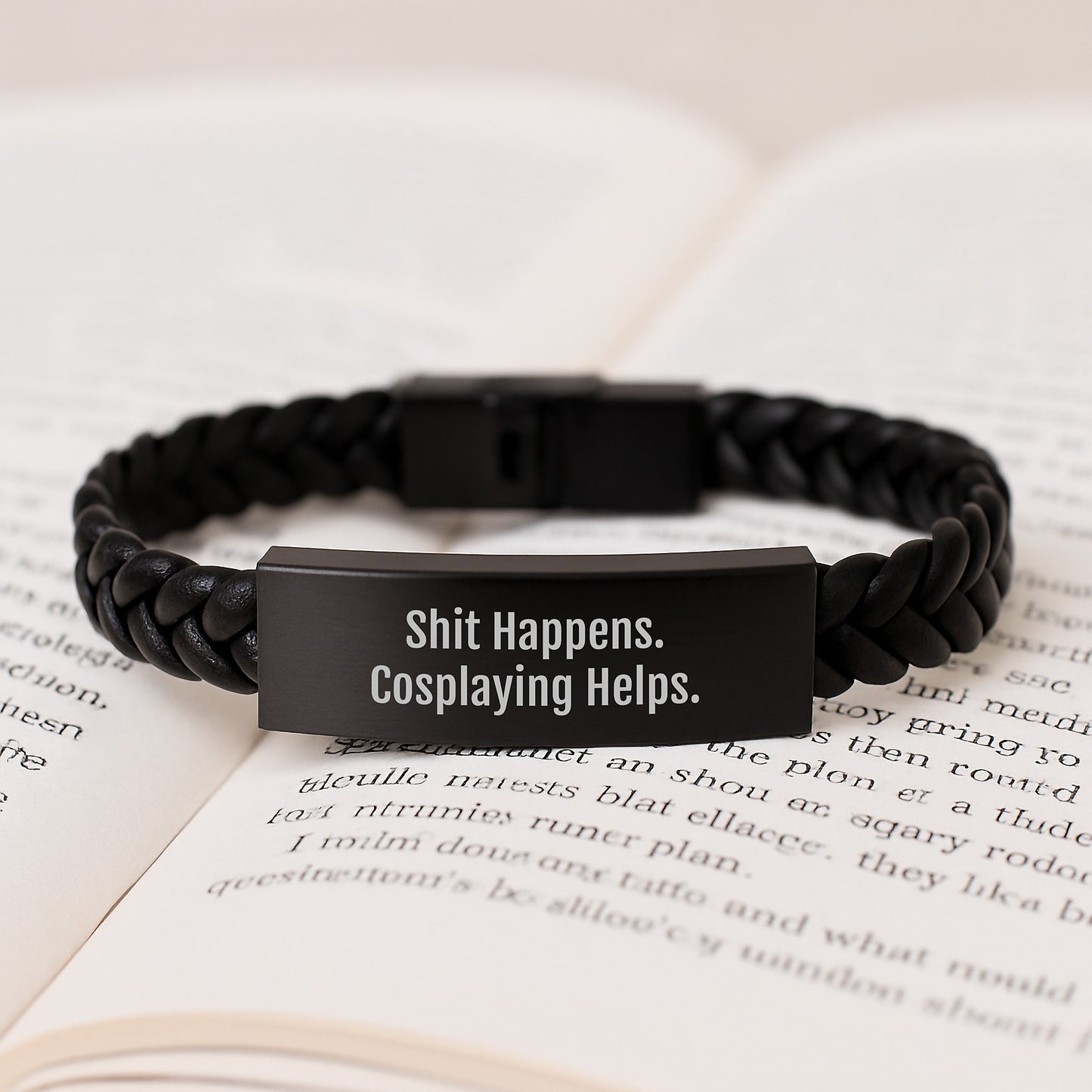 Cosplaying Gifts for Men, Shit Happens. Cosplaying Helps., Interlaced Leather Bracelet with Stainless Steel and PU Leather, Graduation Unique Presents from Friends - Image 3