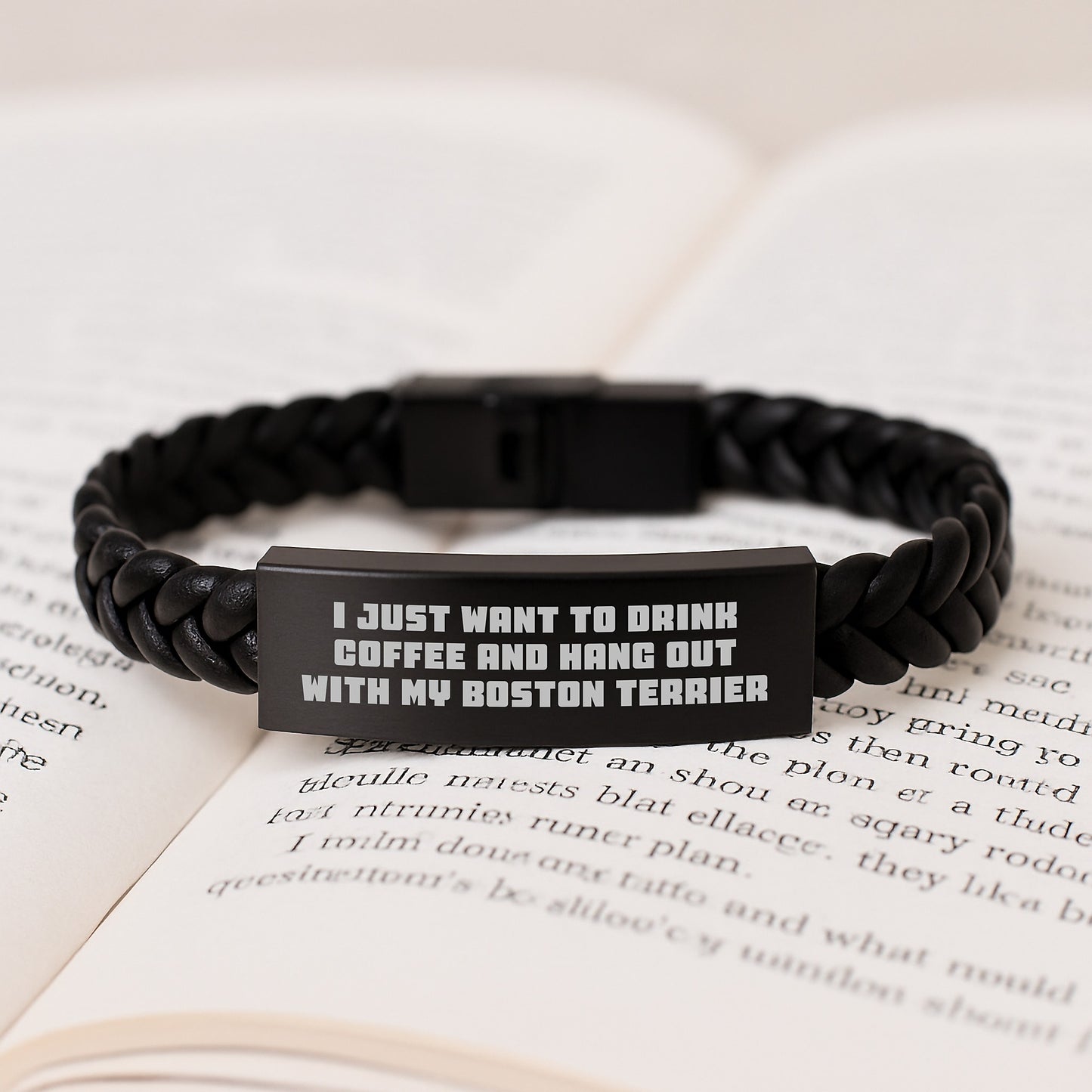 Boston Terrier Dog Lover's Funny Gift, I Just Want To Drink Coffee And Hang Out With My Boston Terrier, Interlaced Leather Bracelet for Men, Women, or Friends, Birthday Unique Gifts from Family - Image 3