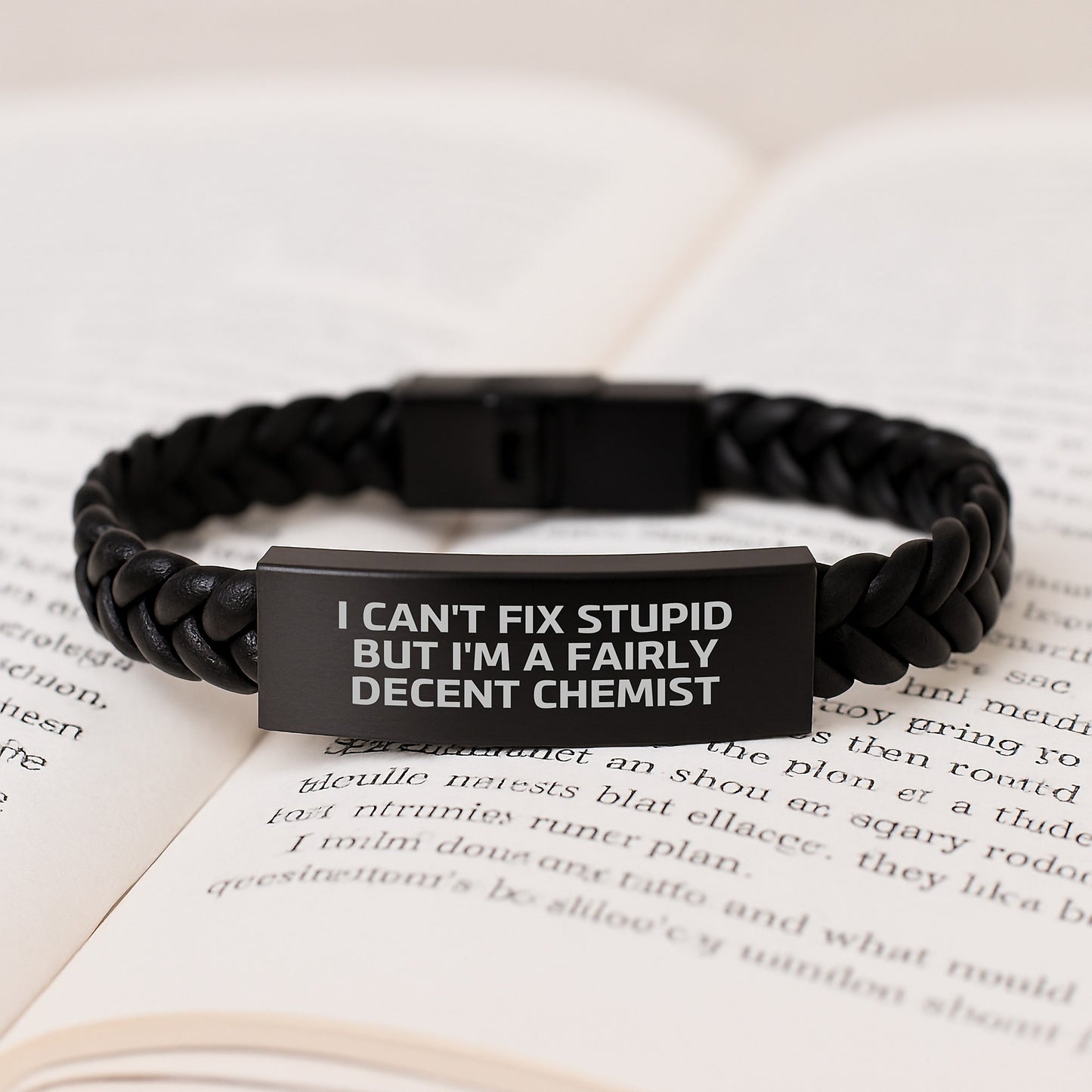 Funny Chemist Gifts for Men or Women - Interlaced Leather Bracelet with Quote 'I Can't Fix Stupid But I'm A Fairly Decent Chemist' - Graduation Unique Gifts from Friends - Image 3