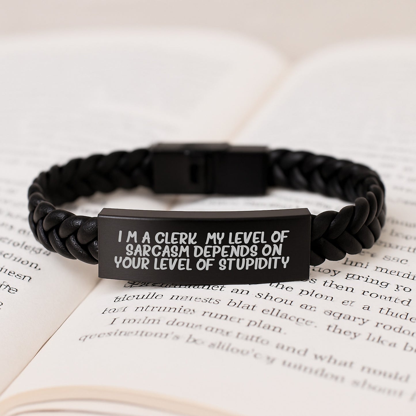 Funny Clerk Gifts - I'm A Clerk. My Level Of Sarcasm Depends On Your Level Of Stupidity. Interlaced Leather Bracelet, Birthday Unique Gifts for Men from Friends - Image 3