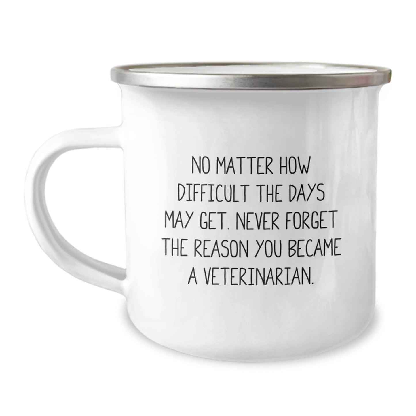 Veterinarian Camping Mug, Funny, Inspirational, Gifts from Family for Birthday, 'No Matter How Difficult The Days May Get. Never Forget The Reason You Became A Veterinarian.' - Image 1