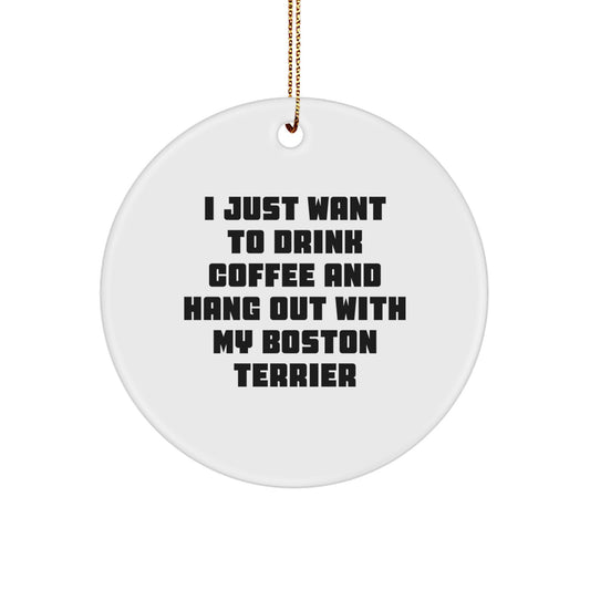 Boston Terrier Dog Lovers' Funny Quote Circle Ornament Gifts for Friends, Family, or Coworkers, White, 2.75" tall, with Gold Cord for Christmas Unique Gifts - Image 1