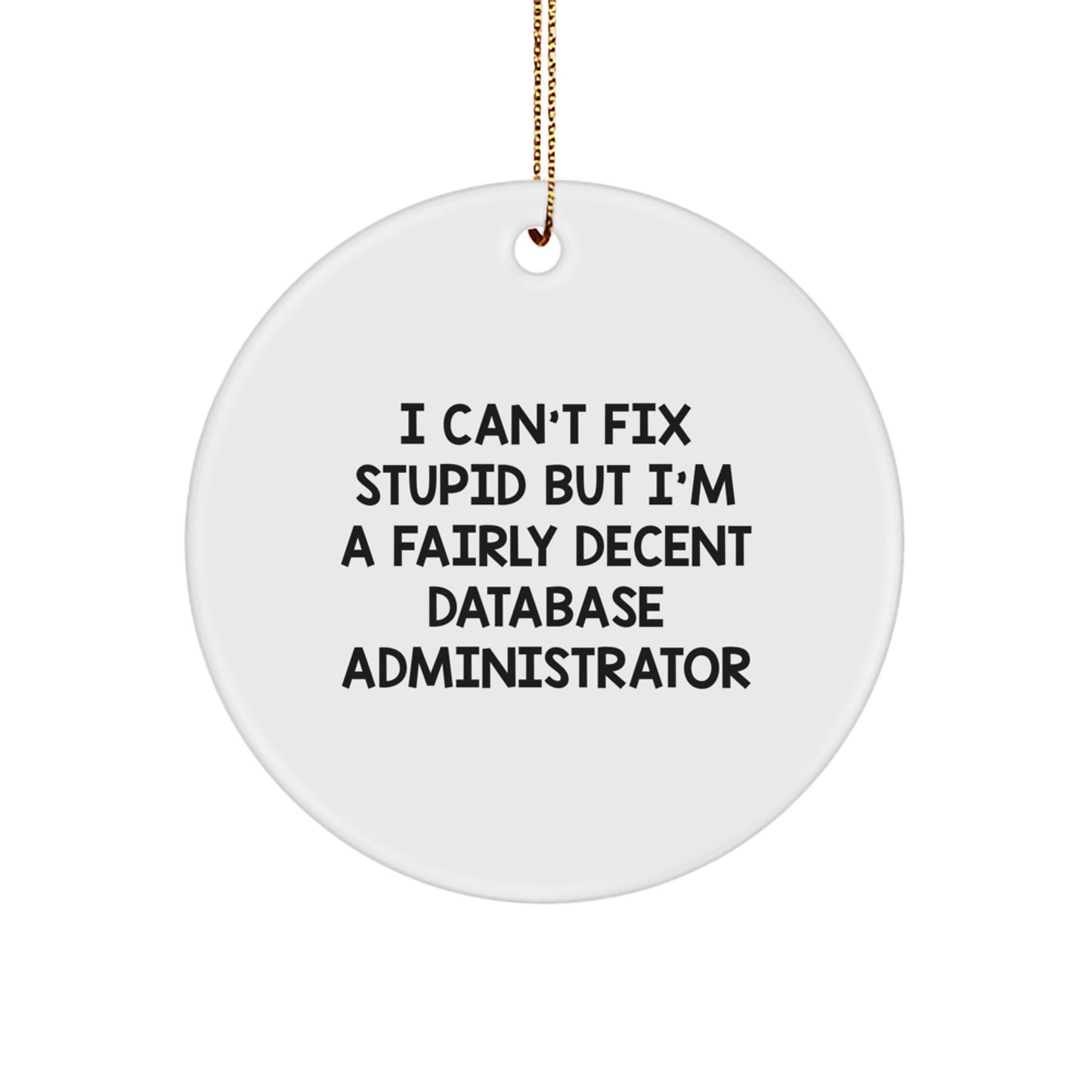 Database Administrator Gifts: I Can't Fix Stupid But I'm A Fairly Decent DBA, Funny Circle Ornament for Christmas - Image 1