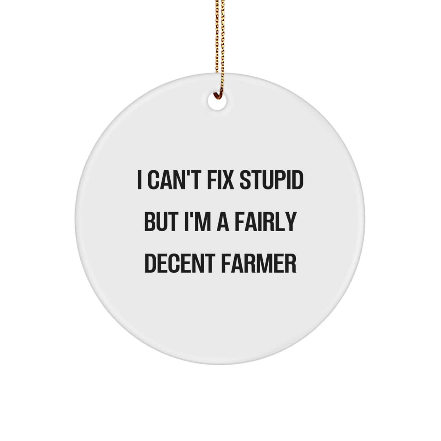 Funny Farmer Christmas Unique Gifts from Men to Friends - 'I Can't Fix Stupid But I'm A Fairly Decent Farmer' Circle Ornament - Image 1