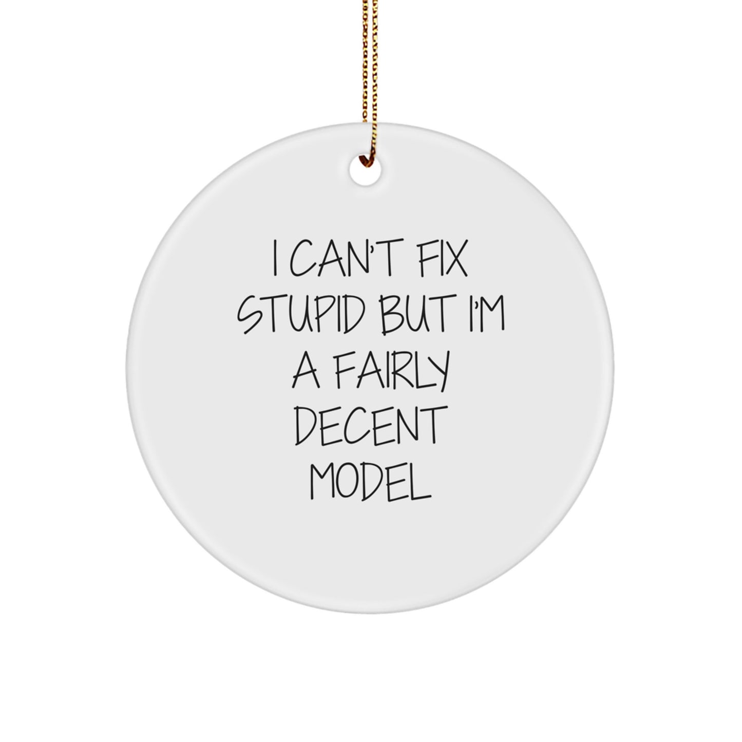 Funny Model Gifts for Christmas - 'I Can't Fix Stupid But I'm A Fairly Decent Model' Circle Ornament with MDF Material, Vibrant Printing, and Gold Cord for Hanging - Image 1