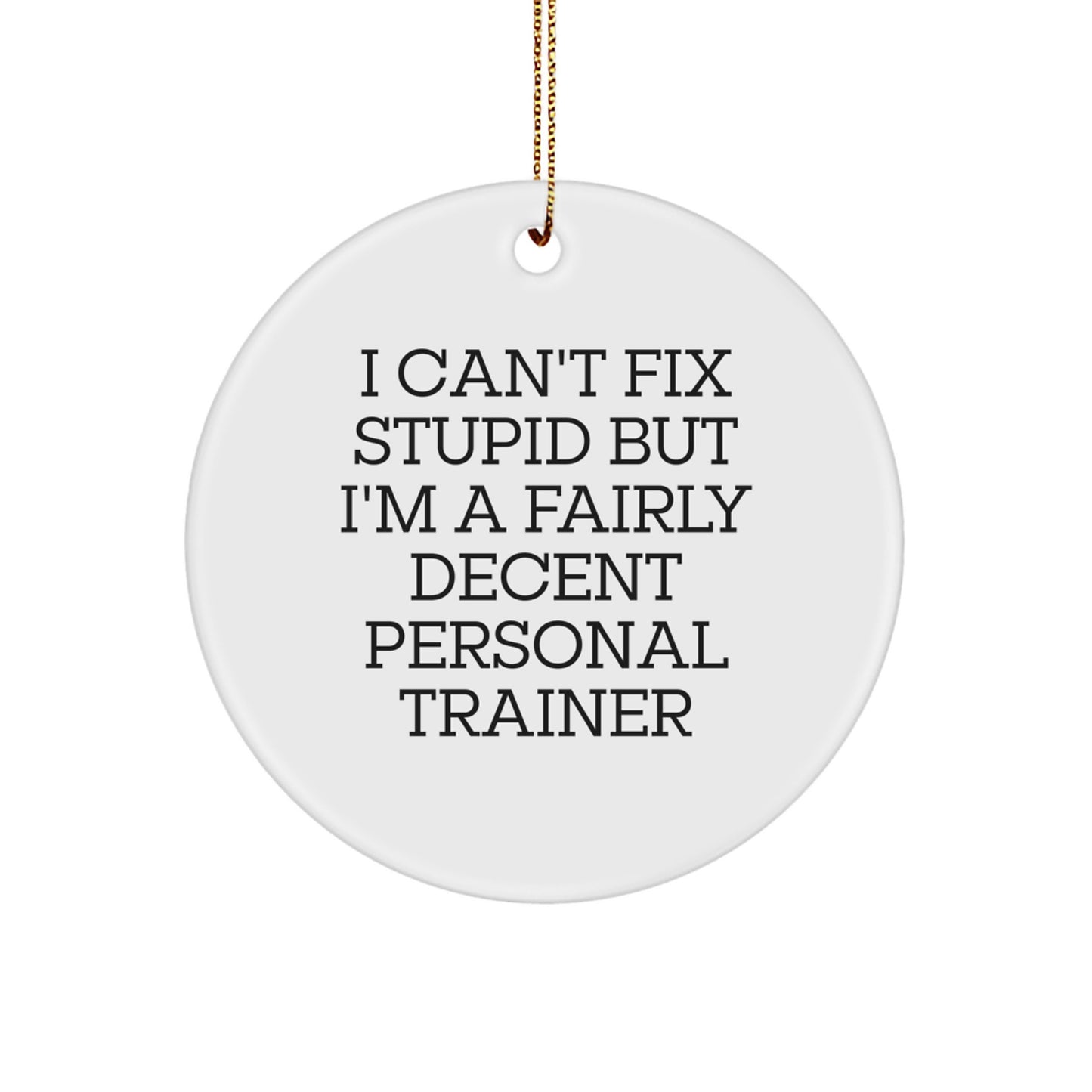 Funny Gift for Personal Trainers, 'I Can't Fix Stupid But I'm A Fairly Decent Personal Trainer' Christmas Circle Ornament, Gifts from Friends to Personal Trainers - Image 1