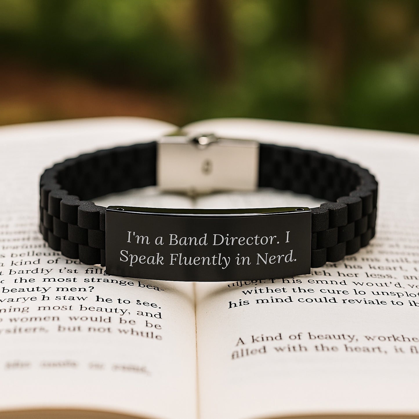 Funny Band Director Gift, I Speak Fluently in genius, Adjustable Glide lock Clasp Black Stainless Steel Silicone Bracelet for Band Director, Men, Graduation Unique Gifts from Friends - Image 2