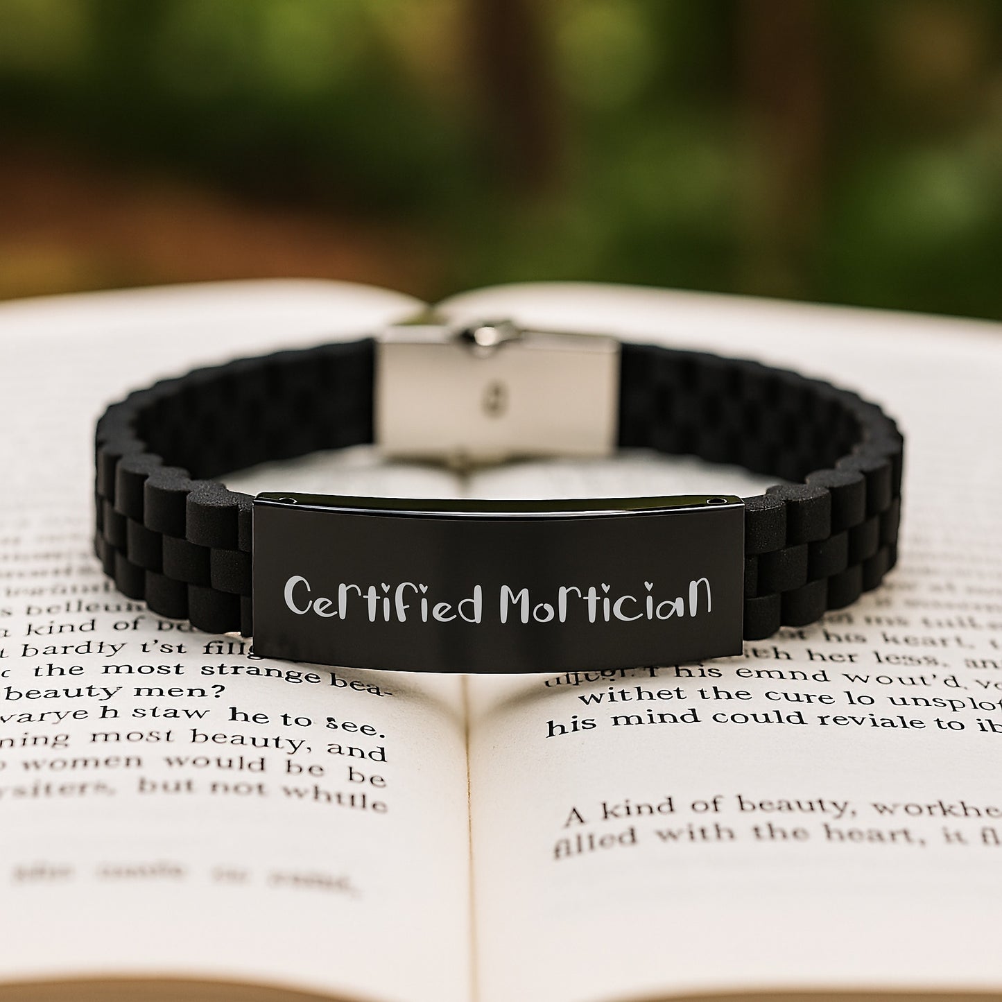 Funny Gifts from Mortician Friends for Certified Mortician Graduation Glide lock Clasp Bracelet, Black Stainless Steel and Silicone, Adjustable, Premium Bag - Image 2