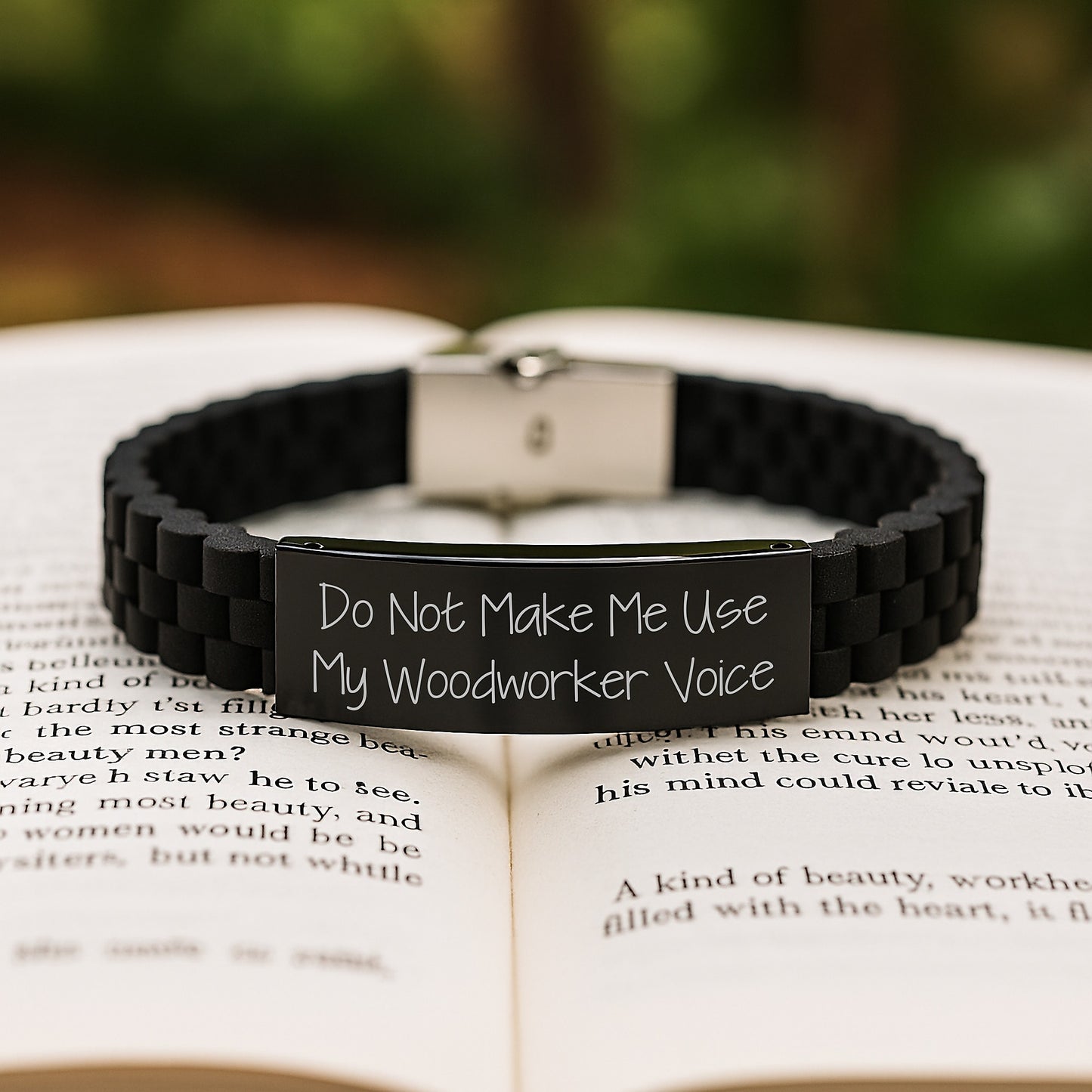 Woodworker Gifts from Friends - Glide lock Clasp Black Stainless Steel Silicone Adjustable Graduation Unique Jewelry, Do Not Make Me Use My Woodworker Voice - Image 2