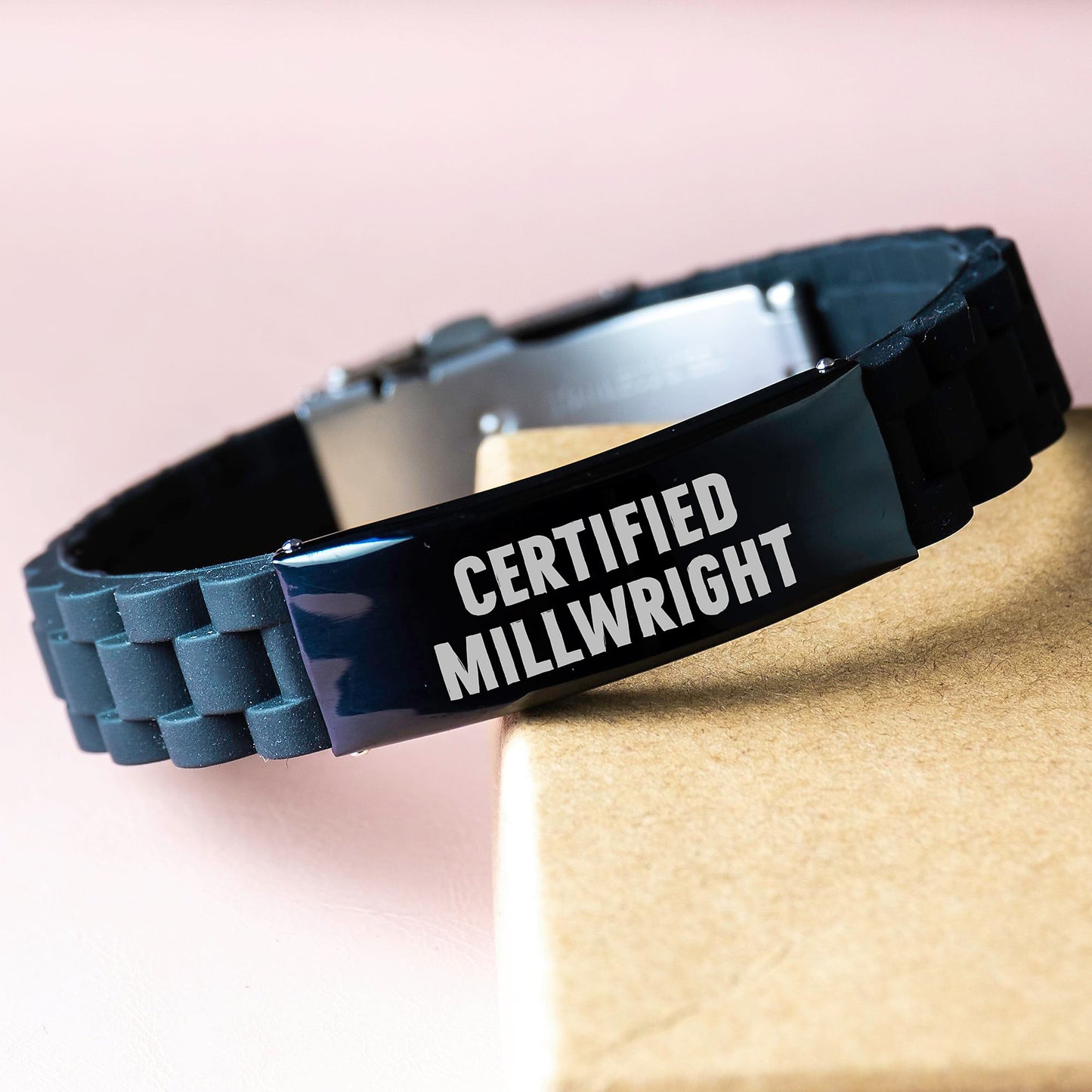 Funny Millwright Gifts from Friends - 'Certified Millwright' Glide lock Clasp Black Stainless Steel Silicone Adjustable Graduation Unique Gifts for Millwright Men - Image 3