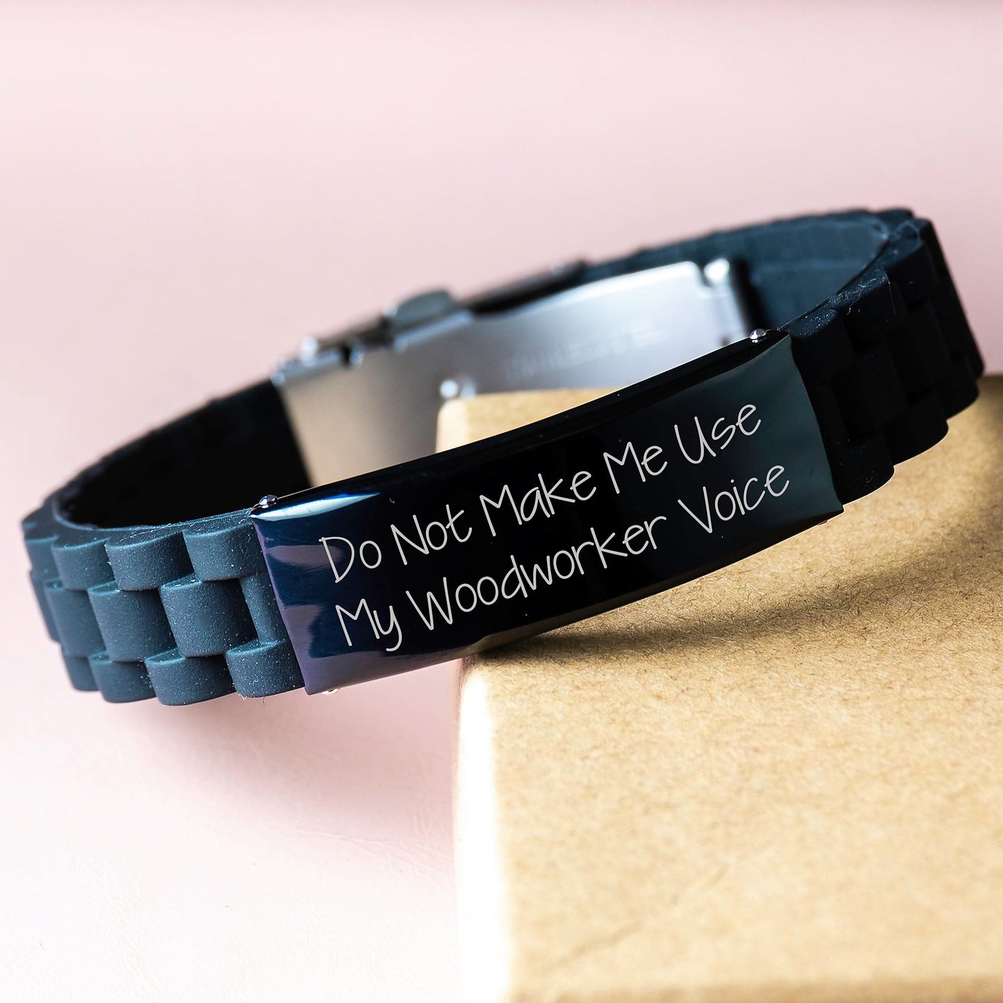 Woodworker Gifts from Friends - Glide lock Clasp Black Stainless Steel Silicone Adjustable Graduation Unique Jewelry, Do Not Make Me Use My Woodworker Voice - Image 3