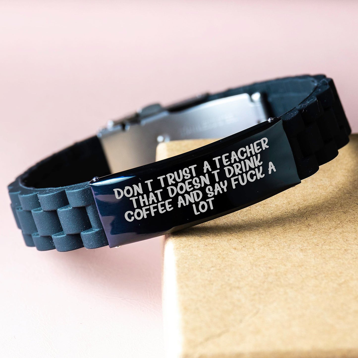 Funny Teacher Gift, Glide lock Clasp Black Stainless Steel Silicone Adjustable Birthday Presents from Friends, Inspirational Quote 'Don't Trust A Teacher...' for Teachers - Image 3