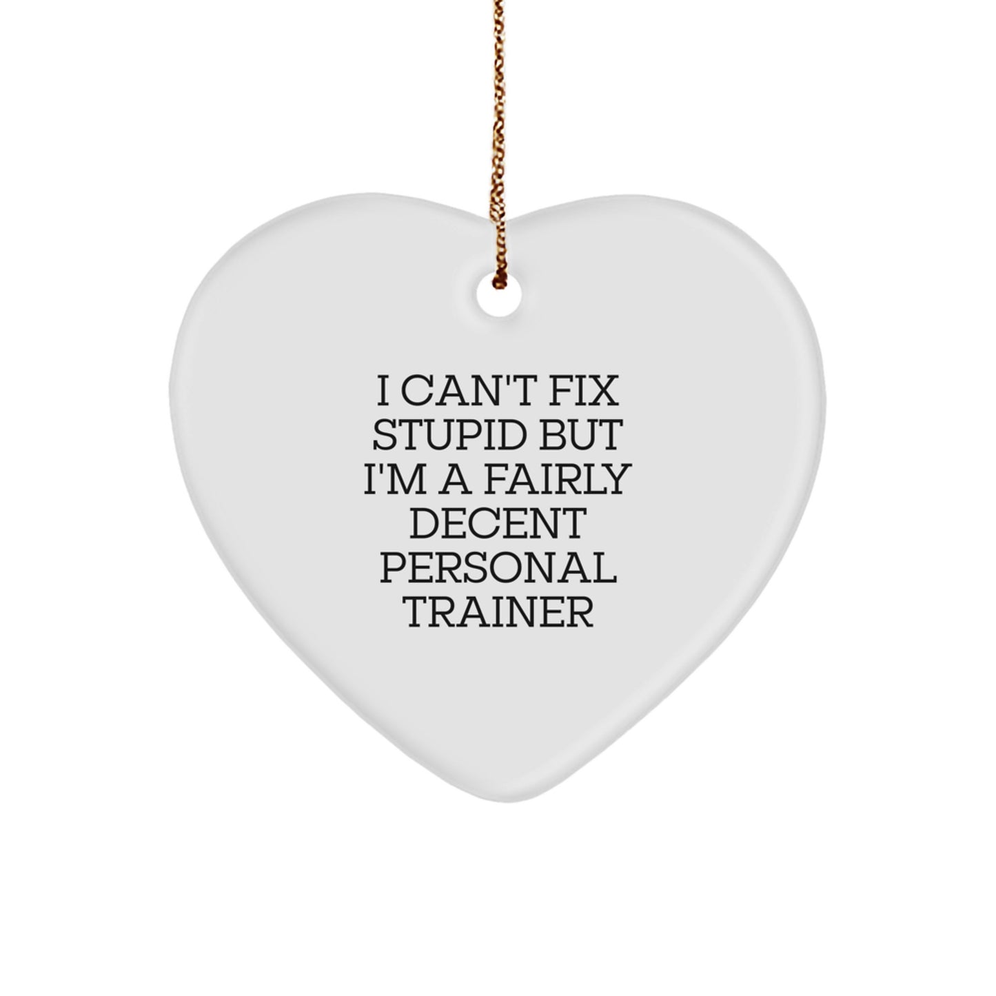 Funny Personal Trainer Gifts from Friends for Christmas - Heart Ornament with 'I Can't Fix Stupid But I'm A Fairly Decent Personal Trainer' Quote, Personal Trainer Gifts for Men or Women - Image 1
