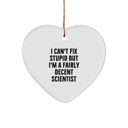 Scientist Gifts for Men - Funny Heart Ornament, I Can't Fix Stupid But I'm A Fairly Decent Scientist, Christmas Unique Gifts from Family, Friends, Coworkers - Image 1