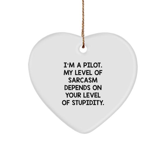 Pilot's Sarcasm Depends on Your Level of Stupidity Funny Gift for Pilot Friends and Family this Christmas - Heart Ornament with Quote - Image 1