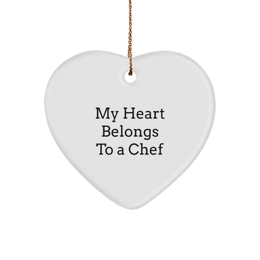 Chef Heart Ornament, 'My Heart Belongs To A Chef' Quote, White, Heart Shaped, Christmas Unique Gifts from Friends, Gifts for Chefs - Image 1