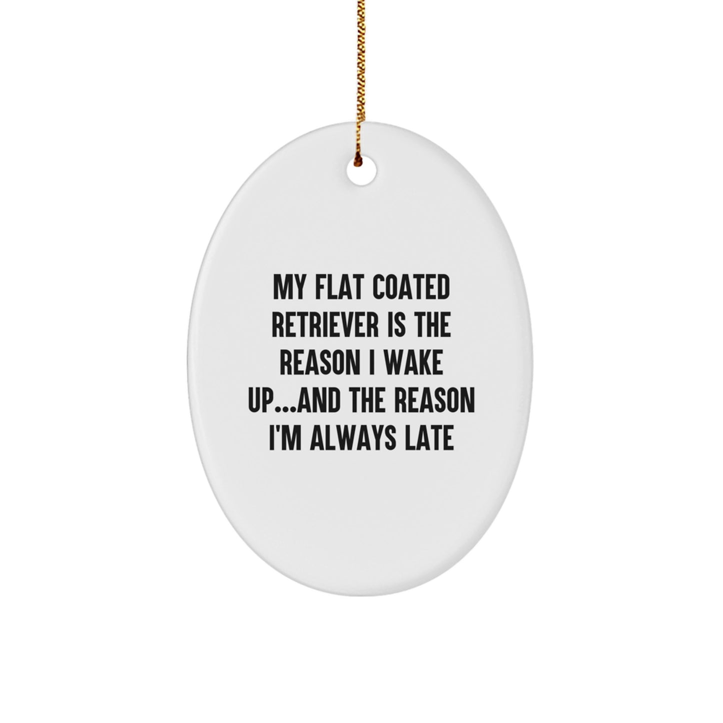 Funny Flat Coated Retriever Dog Gifts from Friends, Christmas Unique Oval Ornament Quote 'My Flat Coated Retriever Is The Reason I Wake Up...and The Reason I'm Always Late' - Image 1