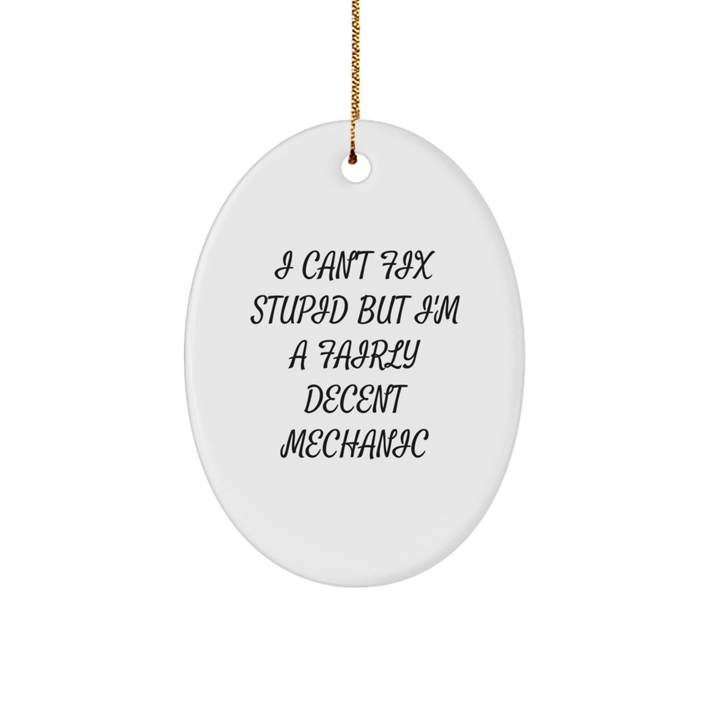 Mechanic Gifts from Friends - Funny Oval Ornament for Mechanic - I Can't Fix Stupid But I'm A Fairly Decent Mechanic - Image 1