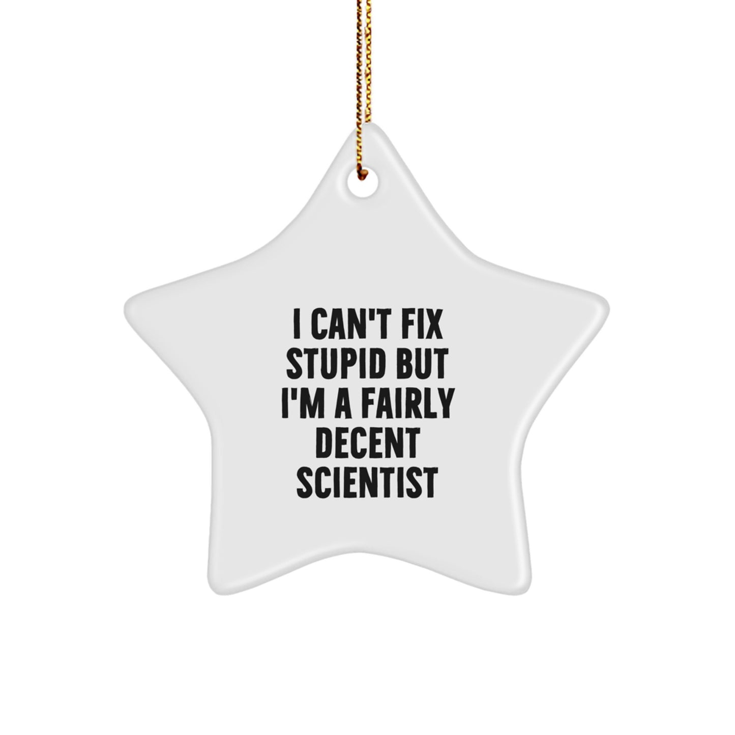 Scientist Gifts from Friends - 'I Can't Fix Stupid But I'm A Fairly Decent Scientist' Star Ornament for Christmas - Image 1