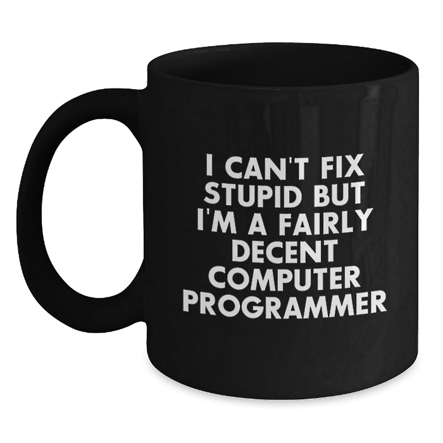 Funny Computer Programmer Gifts from Friends for Him - I Can't Fix Stupid But I'm A Fairly Decent Programmer Mug, Black, 11oz or 15oz, Microwave and Dishwasher Safe - Main
