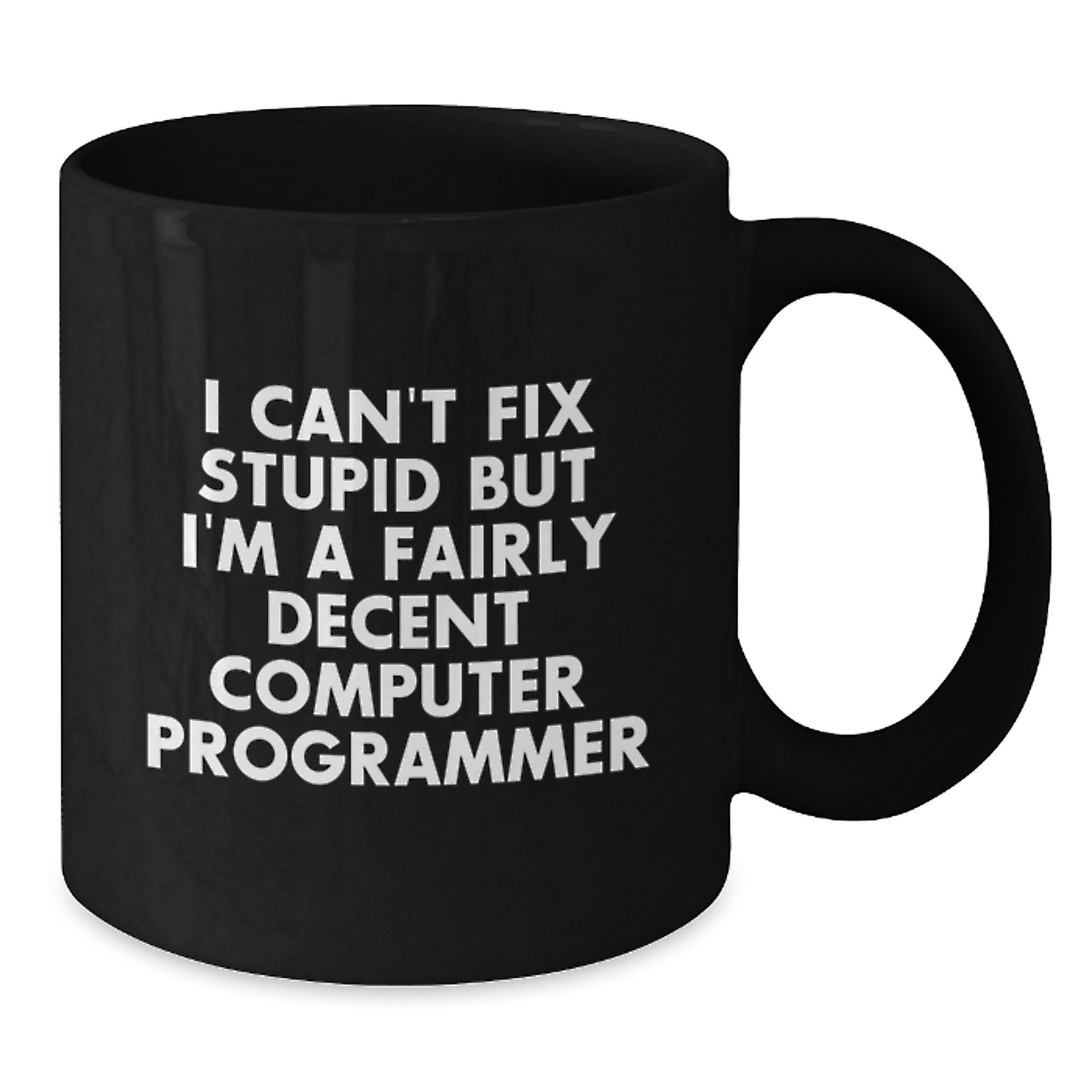Funny Computer Programmer Gifts from Friends for Him - I Can't Fix Stupid But I'm A Fairly Decent Programmer Mug, Black, 11oz or 15oz, Microwave and Dishwasher Safe - Additional