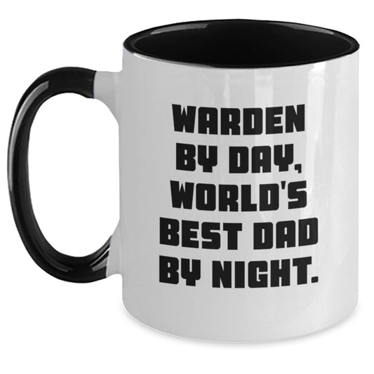 Warden Gifts Funny Two Tone Coffee Mug Warden By Day, World's Best Dad By Night Graduation Unique - Main