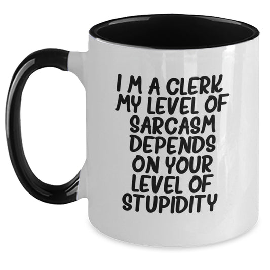 Funny Clerk Gifts: Sarcasm-Filled Two Tone Coffee Mugs, Gifts from Friends, Coworkers, or Family for Clerk's Birthday, Perfect for Clerk's Desk or Office - Main