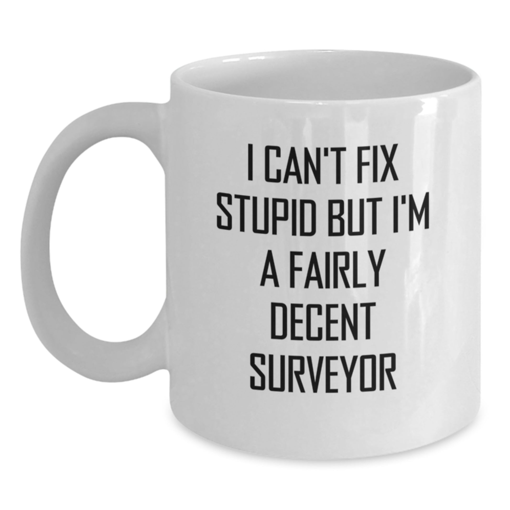 Funny Surveyor Gifts - White Coffee Mug - I Can't Fix Stupid But I'm A Fairly Decent Surveyor, Gifts from Friends, Birthday Unique Presents for Men Surveyors - Main