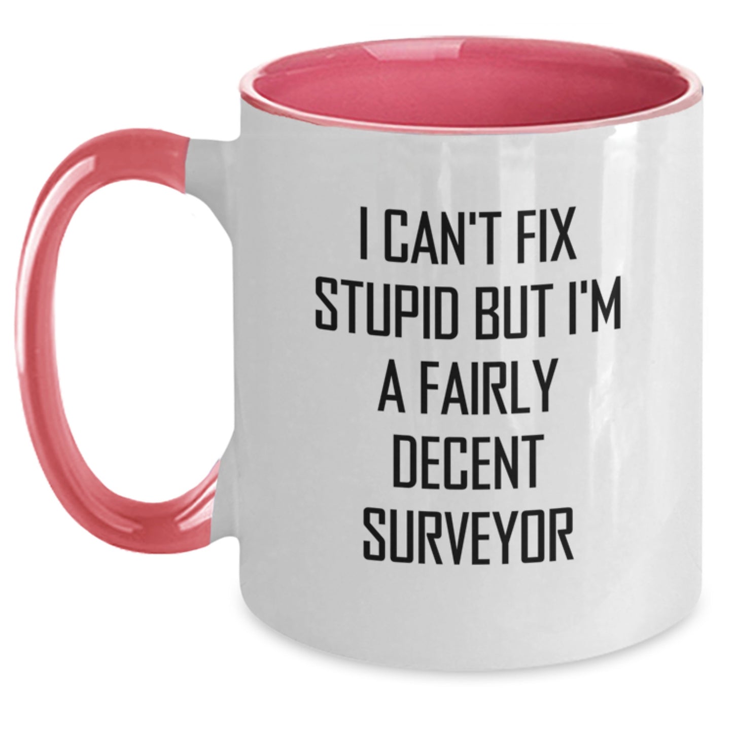 Funny Surveyor Gifts from Men to Surveyor Friends, I Can't Fix Stupid But I'm A Fairly Decent Surveyor Two Tone Coffee Mug for Birthday - Main