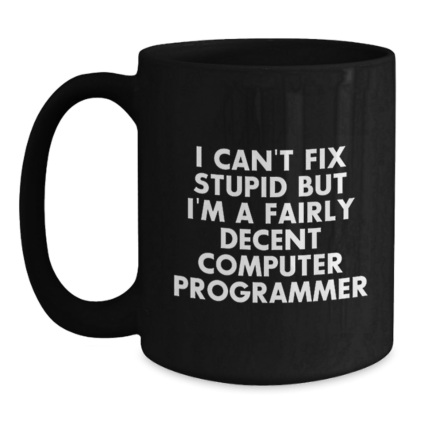 Funny Computer Programmer Gifts from Friends for Him - I Can't Fix Stupid But I'm A Fairly Decent Programmer Mug, Black, 11oz or 15oz, Microwave and Dishwasher Safe - Main