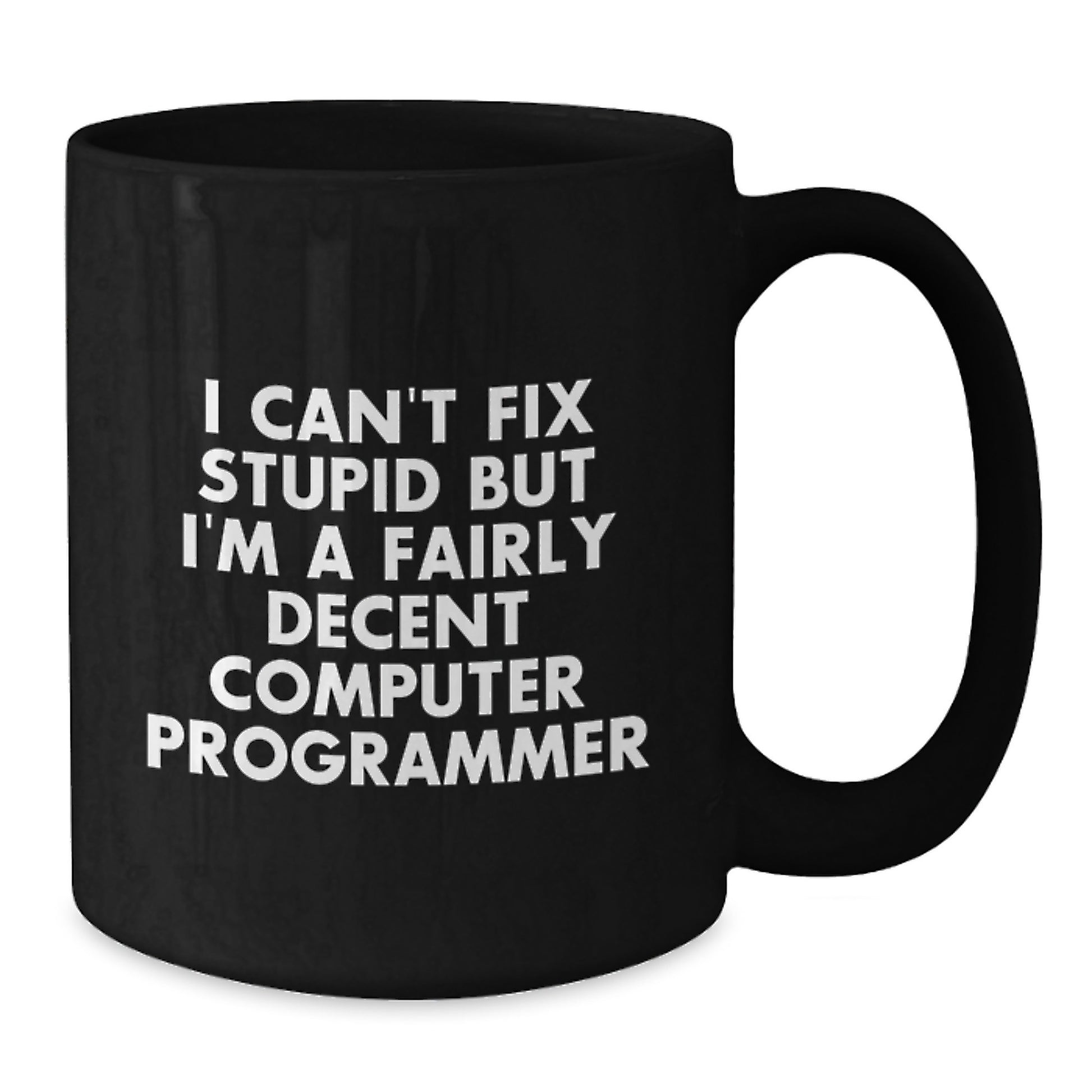 Funny Computer Programmer Gifts from Friends for Him - I Can't Fix Stupid But I'm A Fairly Decent Programmer Mug, Black, 11oz or 15oz, Microwave and Dishwasher Safe - Additional
