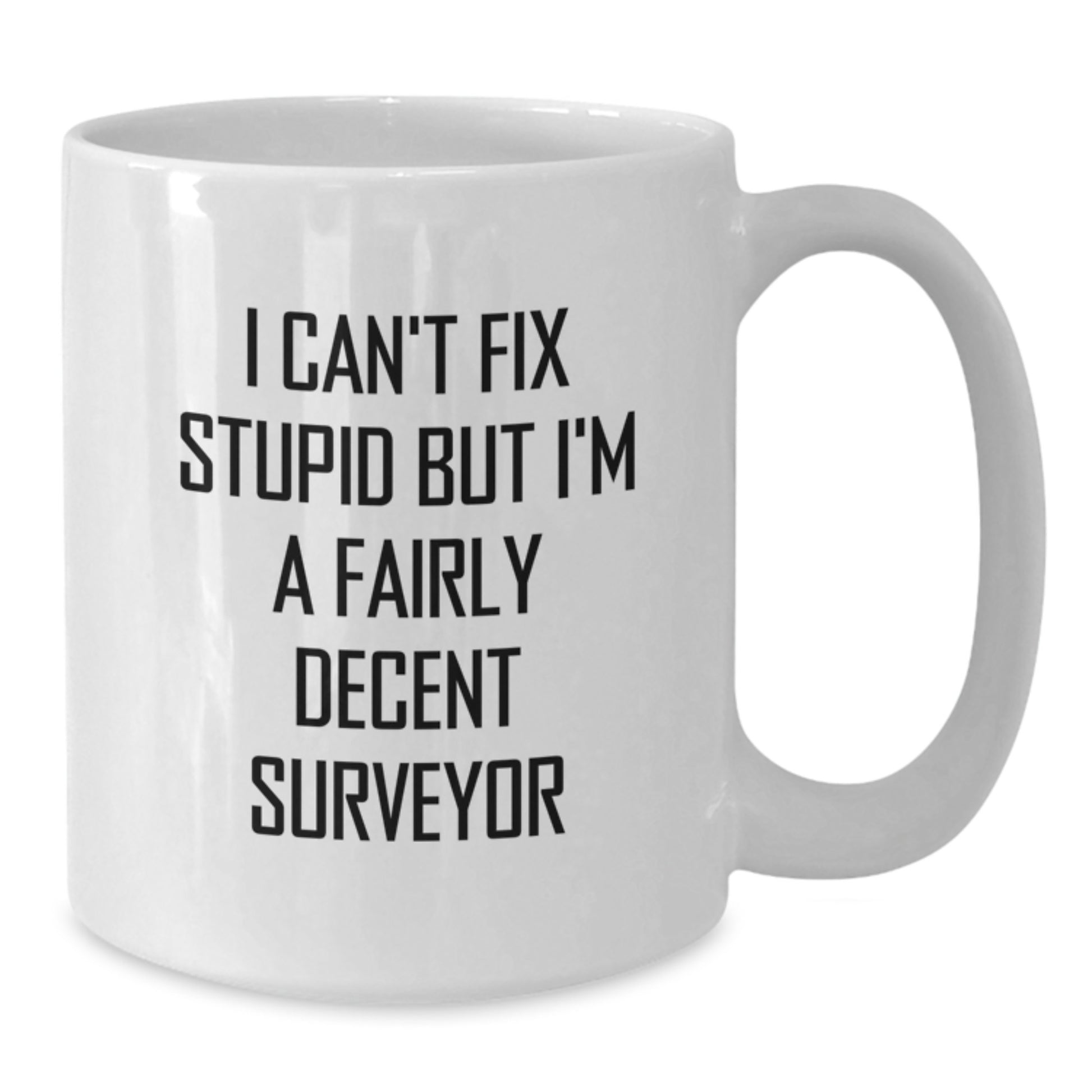 Funny Surveyor Gifts - White Coffee Mug - I Can't Fix Stupid But I'm A Fairly Decent Surveyor, Gifts from Friends, Birthday Unique Presents for Men Surveyors - Additional