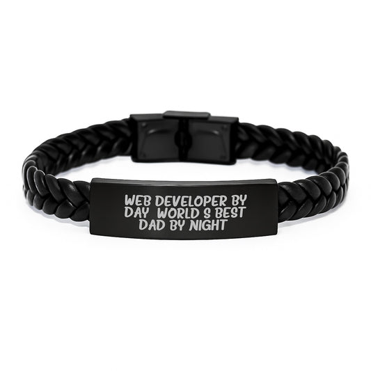 Web Developer Gifts, Interlaced Leather Bracelet - 'Web Developer By Day, World's Best Dad By Night.' Funny Graduation Unique Gifts from Men, for Web Developers - Image 1