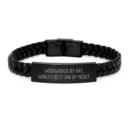 Woodworker's Proud, Funny Quote Interlaced Leather Bracelets Gifts from Dad to Best Woodworker, Perfect Graduation Unique Gifts for Him - Image 1