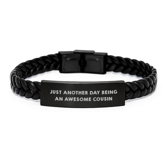 Cousin Gifts from Family - Interlaced Leather Birthday Quotes for Awesome Cousin, 'Just Another Day Being An Awesome Cousin' - Stainless Steel and PU Leather - Image 1