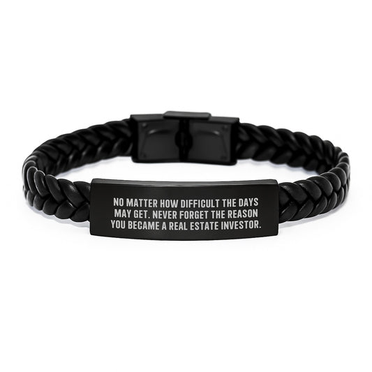 Inspirational Real Estate Investor Gifts for Men - Interlaced Leather Bracelet with Quote 'No Matter How Difficult The Days May Get', Gifts from Men to Real Estate Investor for Graduation - Image 1