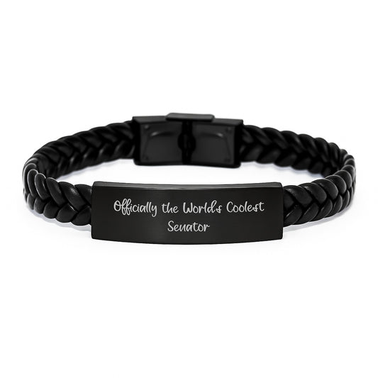 Funny Senator Gifts, Interlaced Leather Bracelet for Men, 'Officially The World's Coolest Senator' Quote, Graduation Unique Gifts from Friends - Image 1