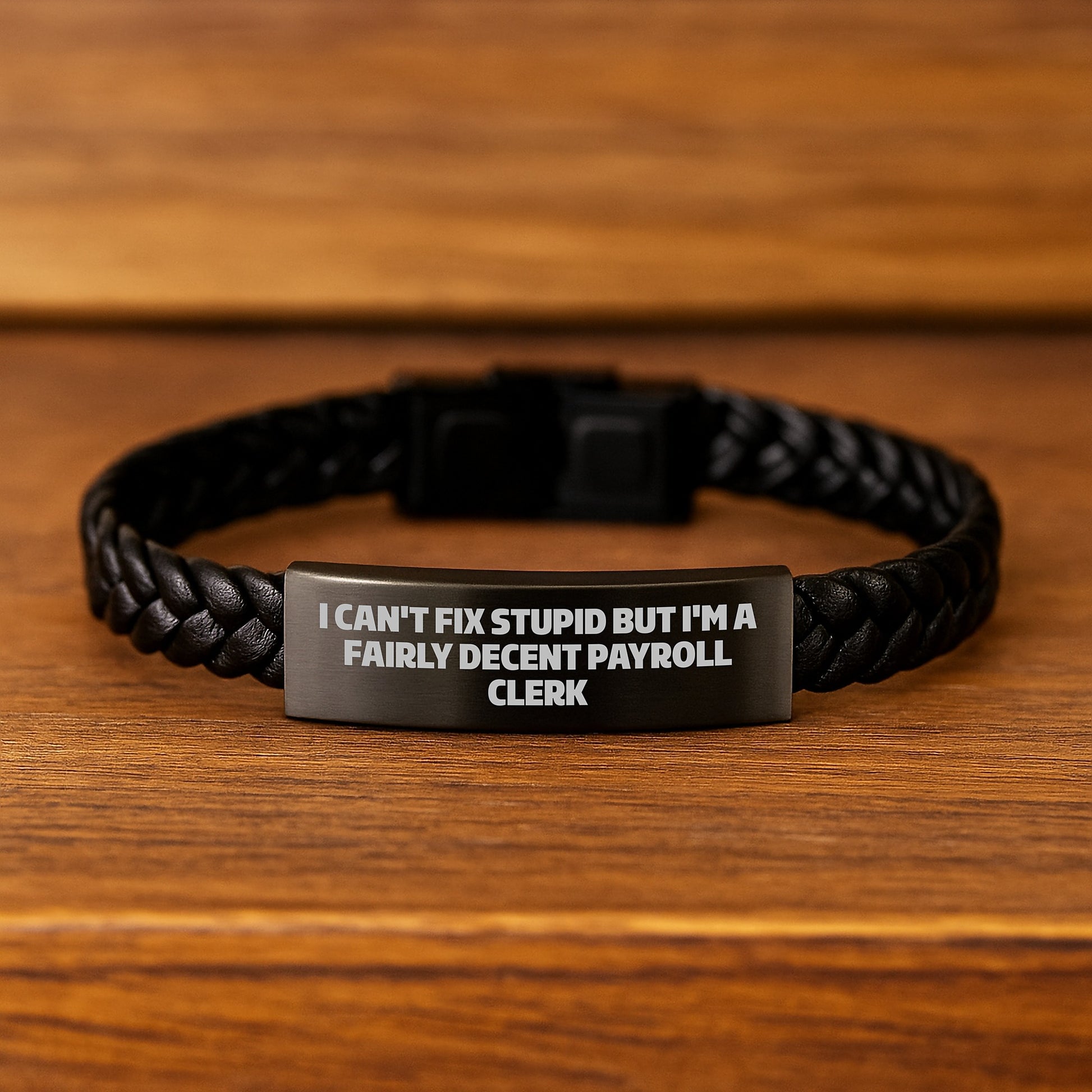 Funny Payroll Clerk Gifts, I Can't Fix Stupid But I'm A Fairly Decent Payroll Clerk Interlaced Leather Bracelet for Men, Gifts from Friends, Unique Graduation Gifts for Payroll Clerk - Image 2