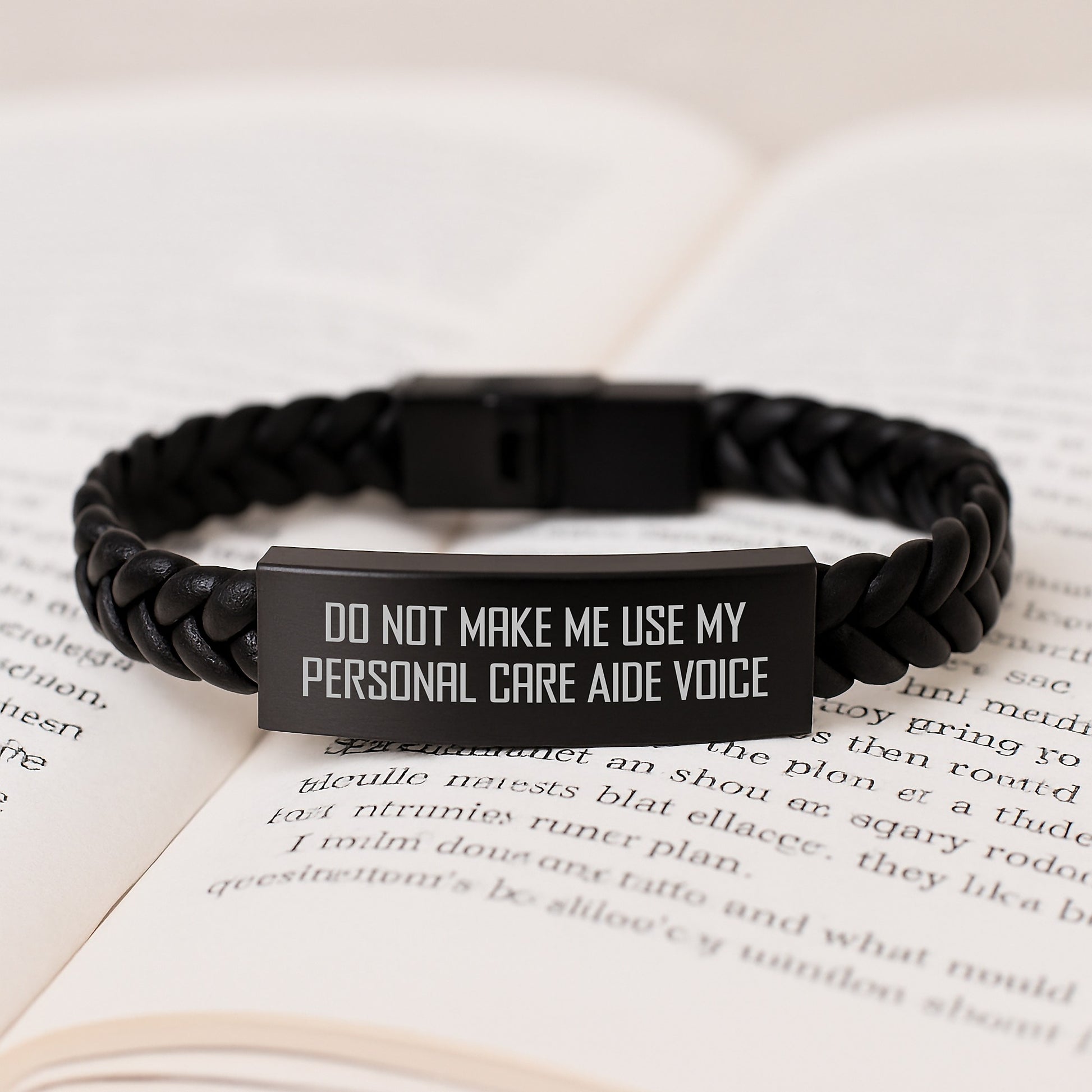 Funny Personal Care Aide Gifts from Friends for Graduation Unique Interlaced Leather Bracelet with 'Do Not Make Me Use My Personal Care Aide Voice' Quote - Image 3