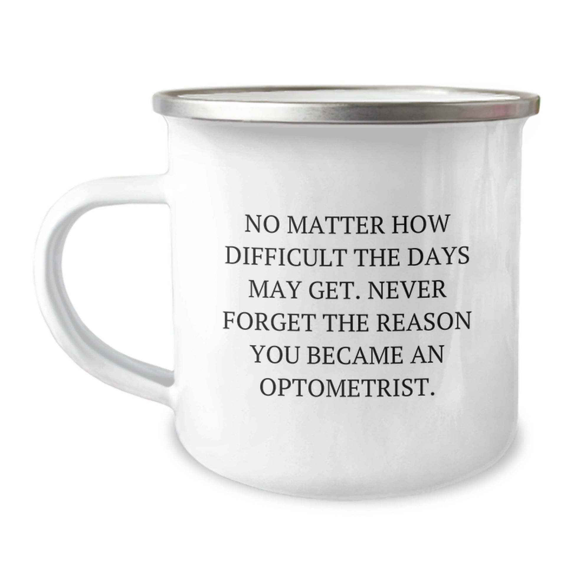 Optometrist Gifts from Friends - Inspirational Camping Mug for Birthday 'No Matter How Difficult The Days May Get. Never Forget The Reason You Became An Optometrist.' - Image 1