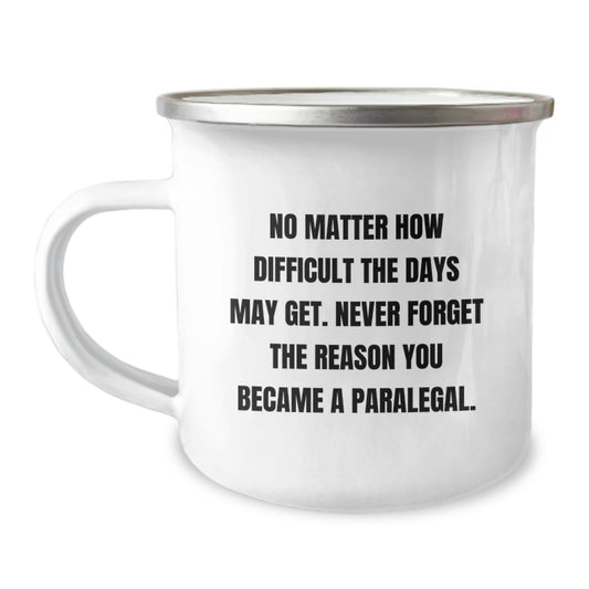 Inspirational Paralegal Gifts from Friends and Family - 'No Matter How Difficult The Days May Get' Camping Mug for Graduation - Image 1