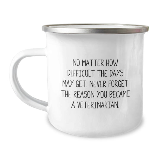 Veterinarian Camping Mug, Funny, Inspirational, Gifts from Family for Birthday, 'No Matter How Difficult The Days May Get. Never Forget The Reason You Became A Veterinarian.' - Image 1