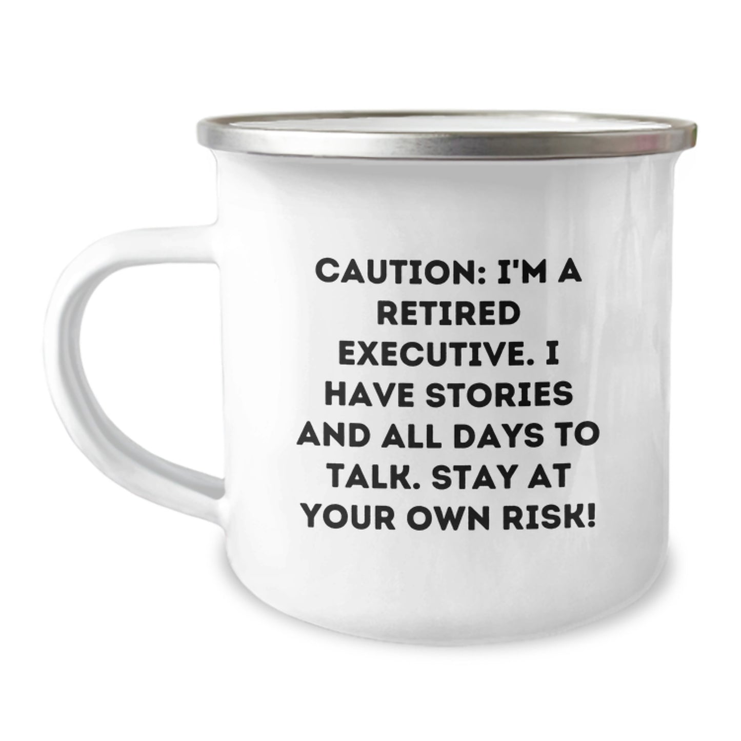 Executive Gifts from Friends - Caution: Fun Stories Ahead! - 12 oz Stainless Steel Camping Mug, Birthday Unique Gifts for Him or Her - Image 1