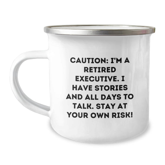 Executive Gifts from Friends - Caution: Fun Stories Ahead! - 12 oz Stainless Steel Camping Mug, Birthday Unique Gifts for Him or Her - Image 1